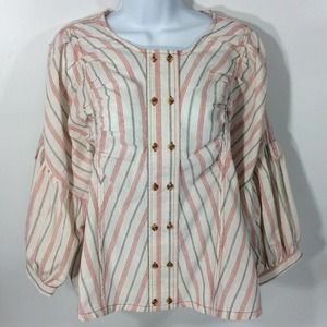 BluHeaven Umgee Women's L Red White Black Stripe Top Bishop Sleeve Button Down